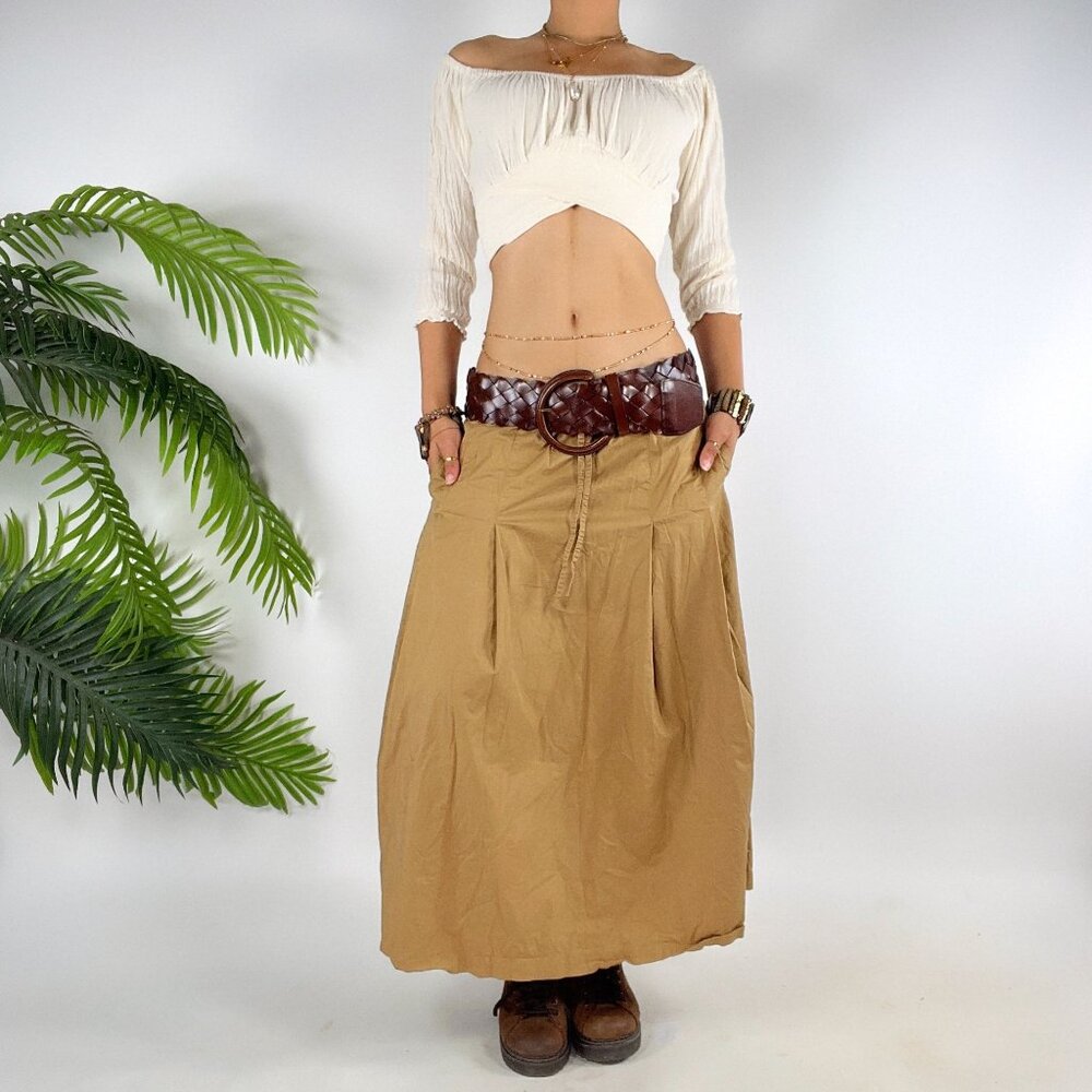 Vintage Khaki Bohemian Safari Low Rise Cottagecore Prairie Maxi Skirt / Small